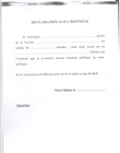 Déclaration sur l'honneur du gérant, avec signature légalisée